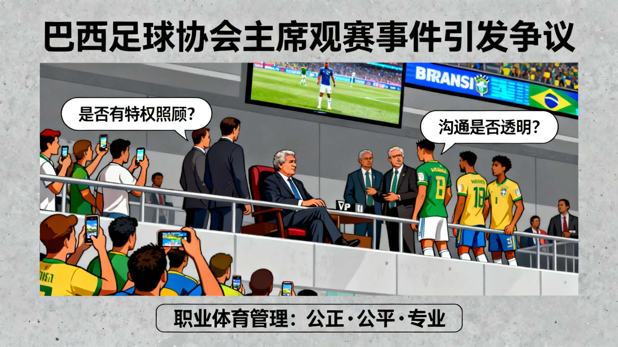巴足协主席:足协不优待任何球员;去观赛提前通知过内马尔 近日,由于一场备受期待的比赛,一则关于“巴西足球协会主席观赛事件”的新闻引发了大